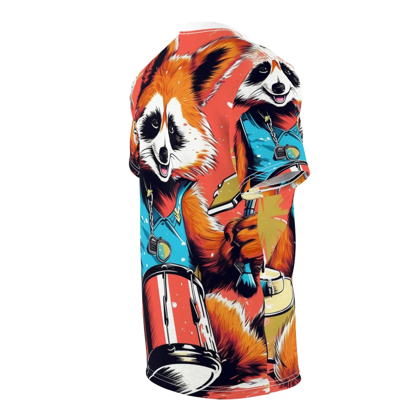 Red Panda Drum Music Player Graphic Camiseta unisex cortada y cosida (AOP) 