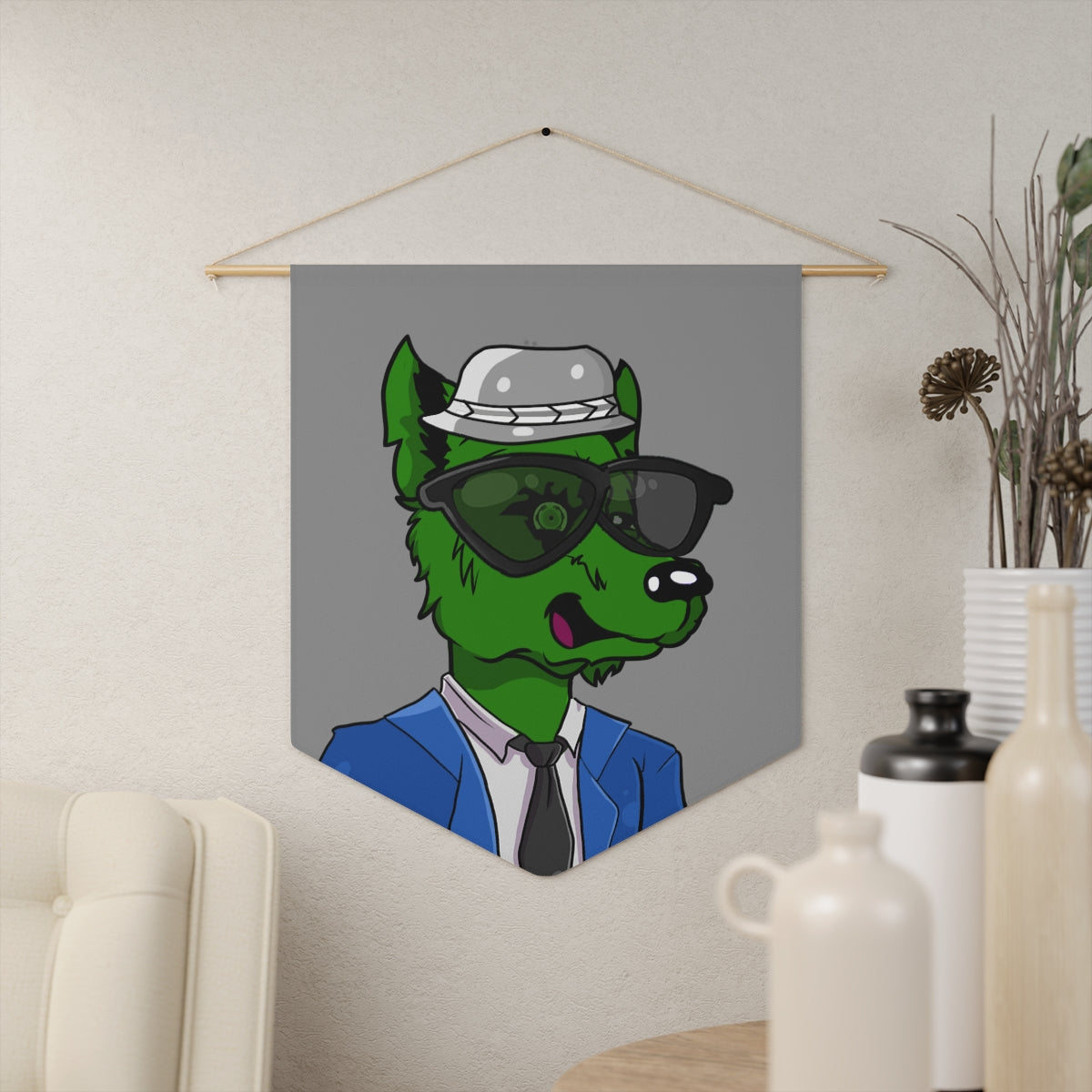 Cyborg Wolf Blue Suit Black Tie Green Fur Black Shades grey Fedora Pennant