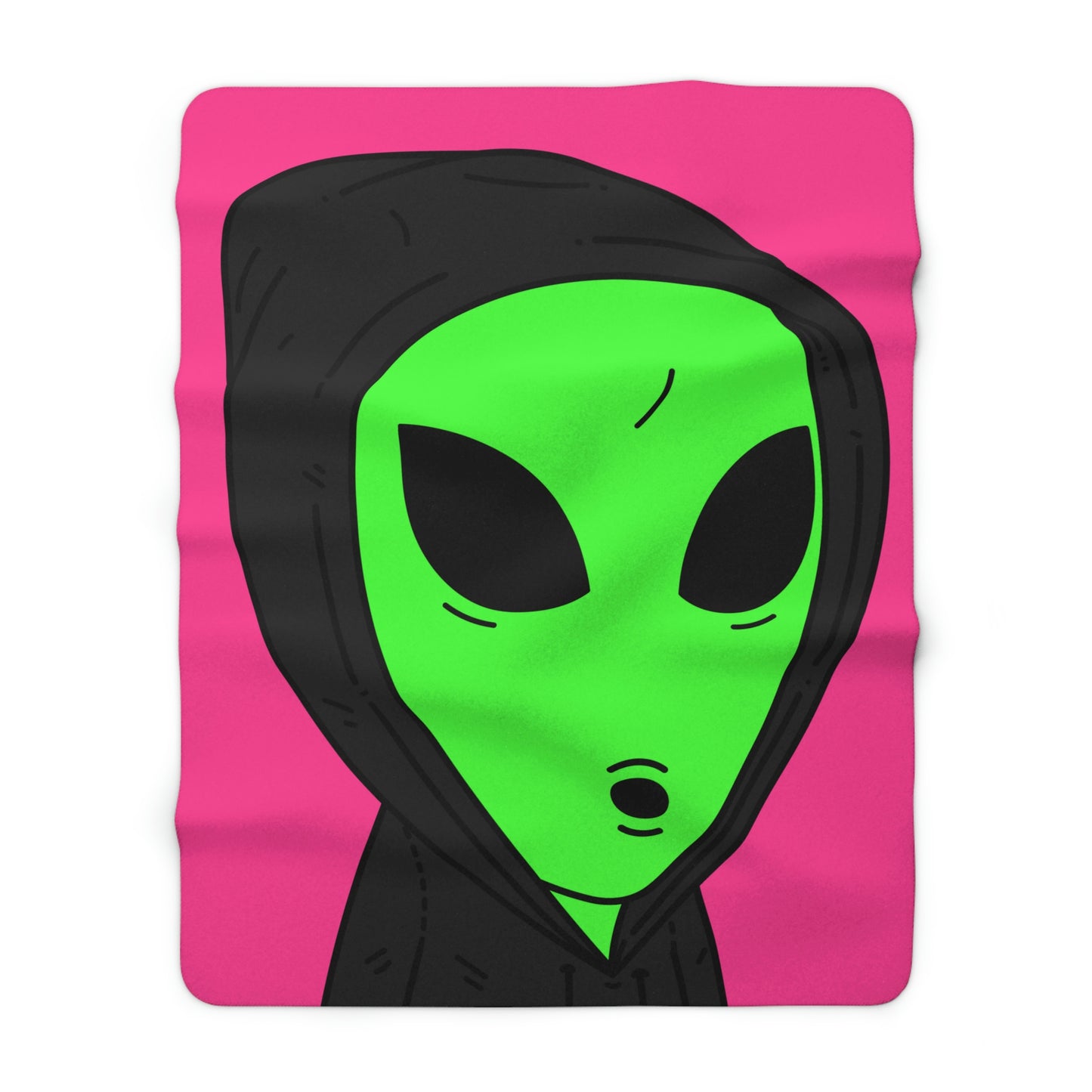 The Visitor Green Alien Black Hoodie Hood Pink Background Sherpa Fleece Blanket