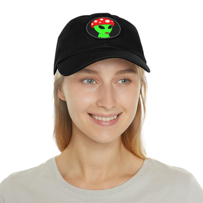 Mushroom Head Green Alien Visitor w/ Red Lips Dad Hat with Leather Patch (Round)