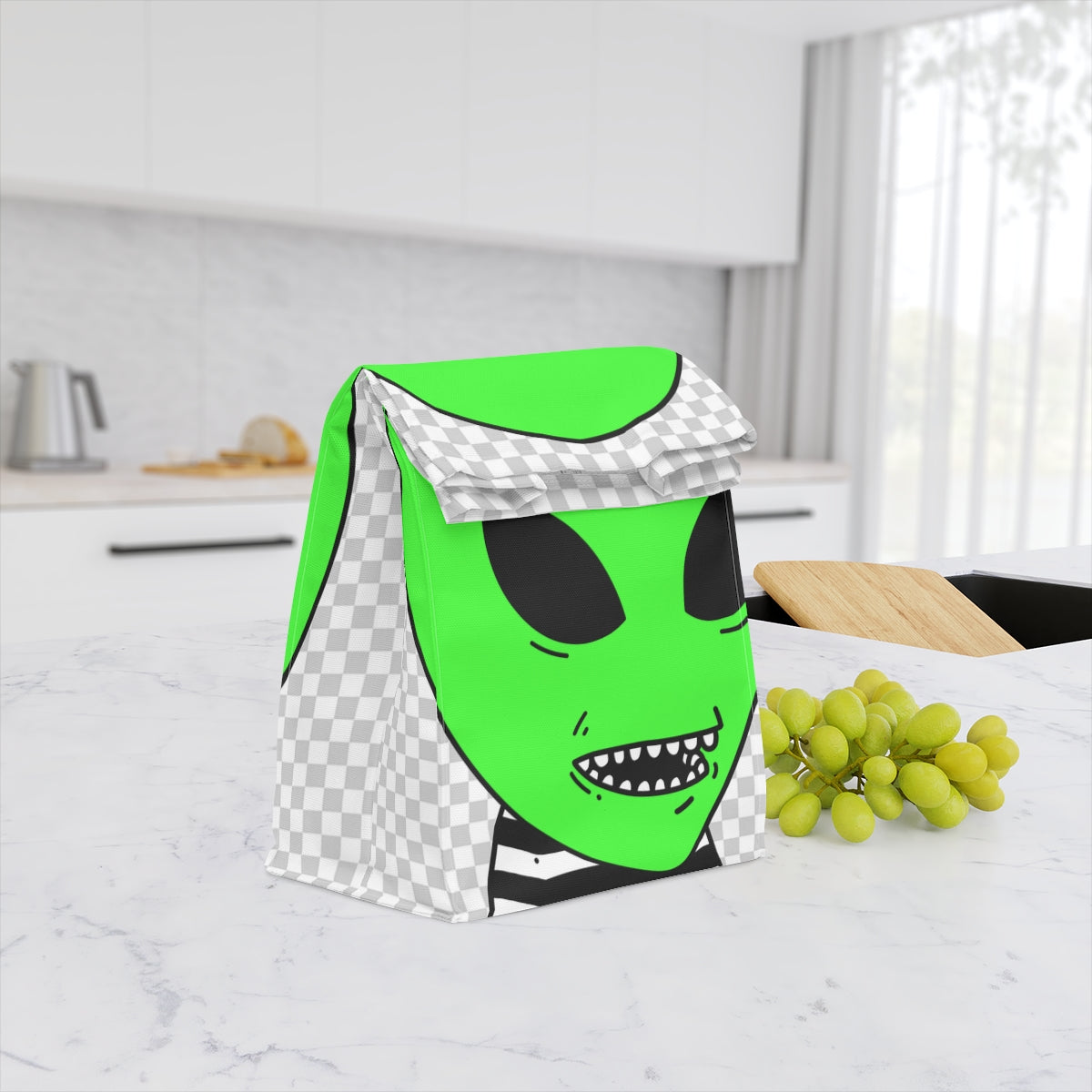 Green Alien Sharp Teeth Mouth Striped Black White Shirt Visitor Polyester Lunch Bag