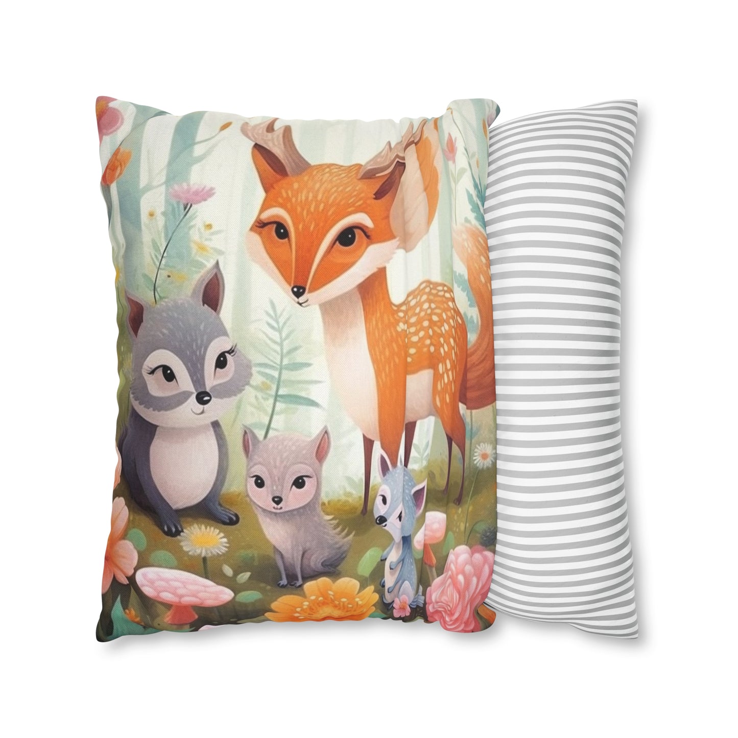 Cute Woodland Creatures Whimsical Animal Art Spun Polyester Square Pillow Case