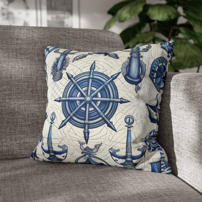 Nautical Theme Art - Anchors, Ropes, Compass Spun Polyester Square Pillow Case