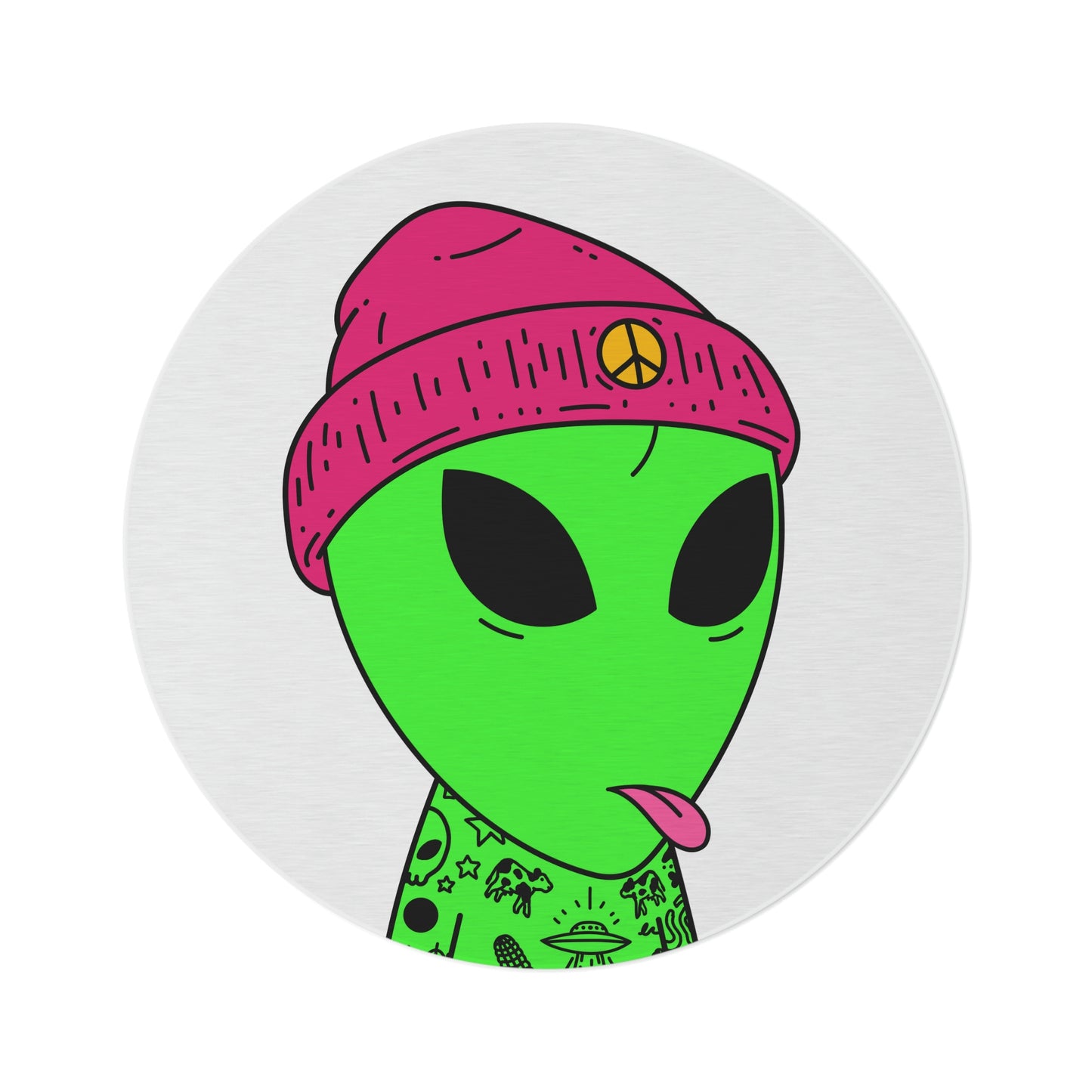 Pink Tongue Peace Hat Alien Tattoos UFO Space Extraterrestrial Visitor Round Rug - Visitor751