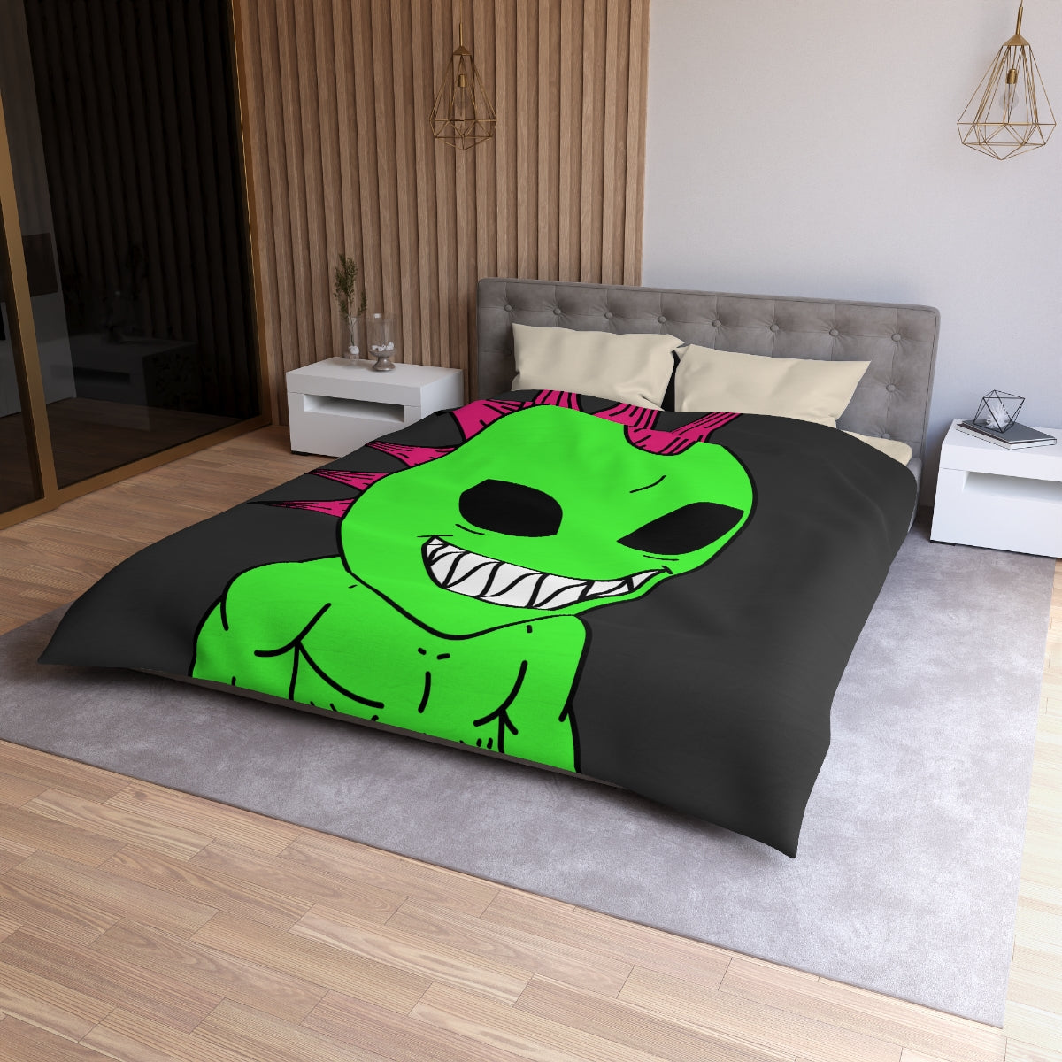 Spiked Pink Hair Muscle Big Smile Green Alien Visitor Microfiber Duvet Cover