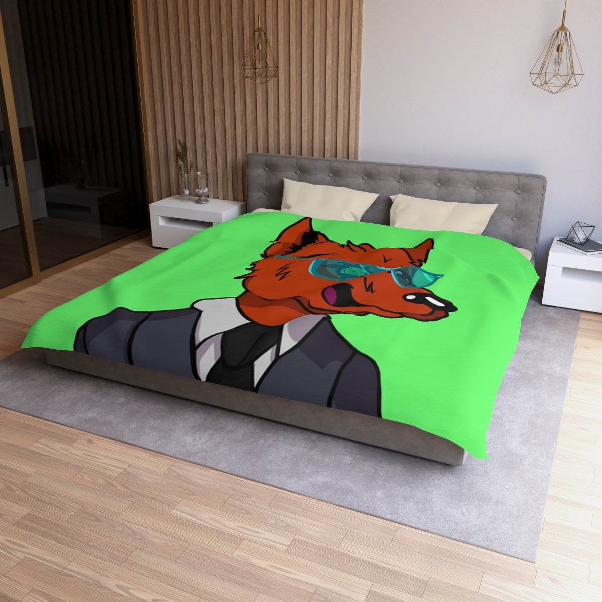 Cyborg Wolf Grey Suit Black Tie Blue Glasses Orange Fur Microfiber Duvet Cover