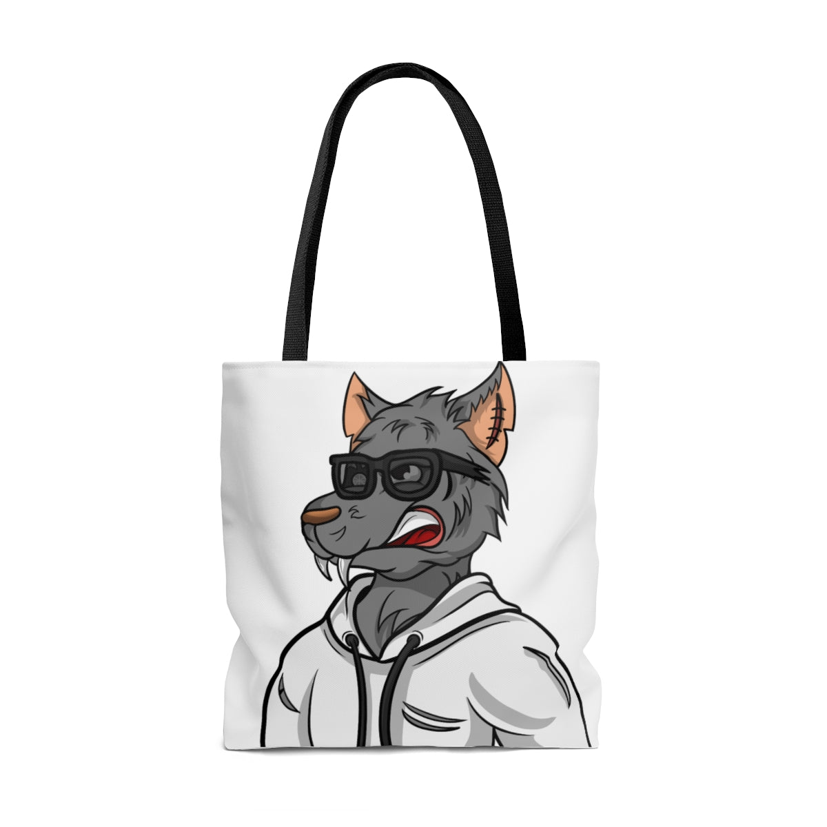 Cyborg Wolf Black Shades White Sweatshirt Hoodie AOP Tote Bag