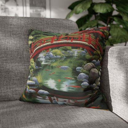 Japanese Garden Art - Tranquil Koi Pond Red Bridge Spun Polyester Square Pillow Case