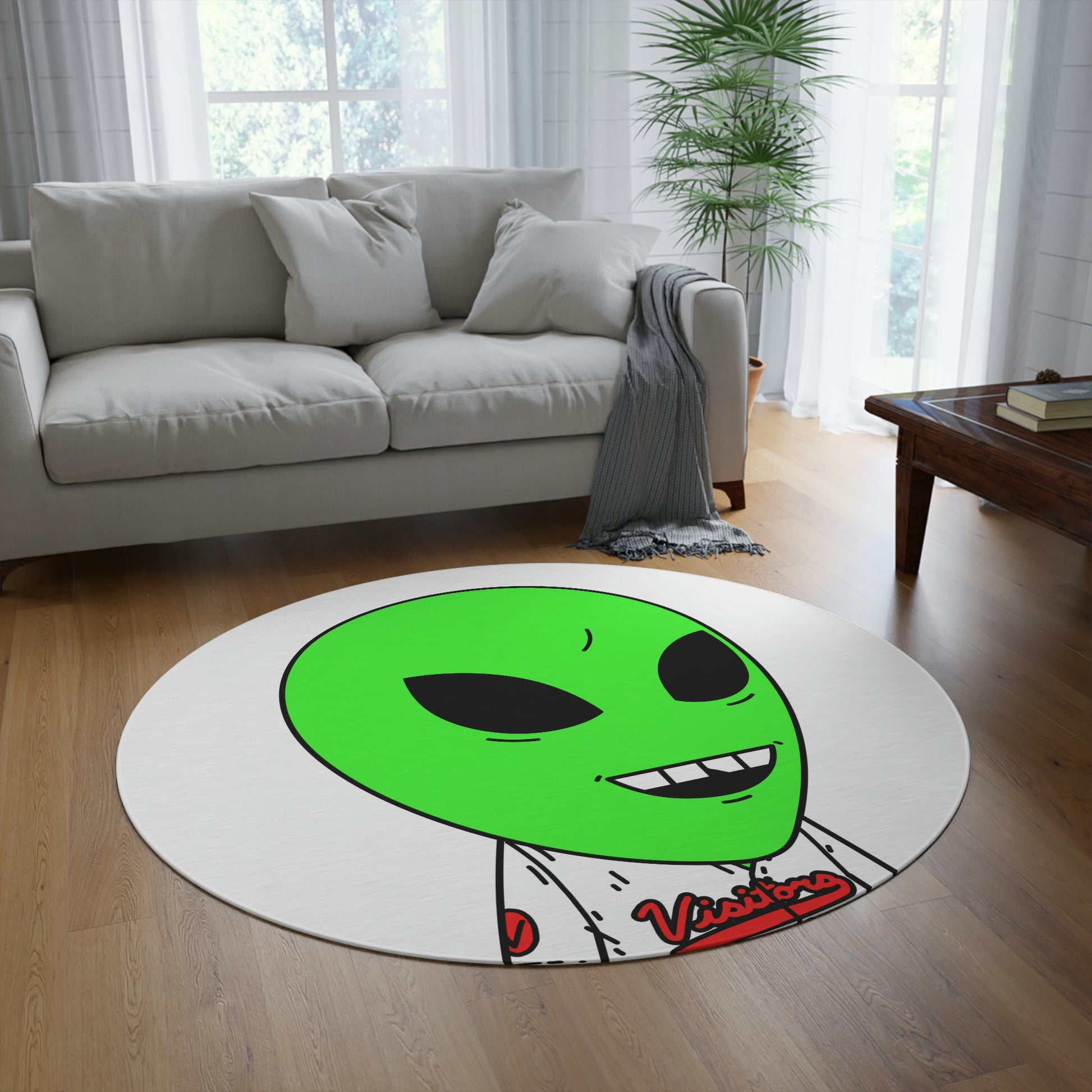 Visi Jersey Chipped Tooth Large Smile Face Green Alien Visitor Round Rug - Visitor751