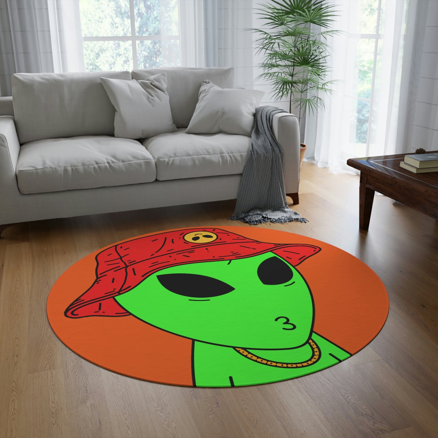 The Visitors Green Alien Kiss Face Gold Chain Red Hat Round Rug - Visitor751