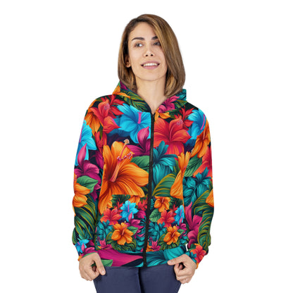 Sudadera con capucha y cremallera unisex con diseño de estampado floral tropical de inspiración hawaiana vibrante (AOP)