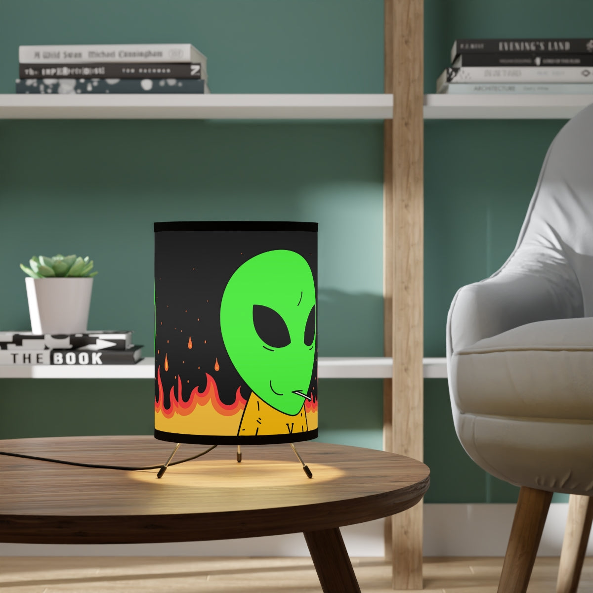 Space Alien UFO SCI FI Sucker Visitor Fire Flame Blazing heat Galactic Tripod Lamp with High-Res Printed Shade, US\CA plug