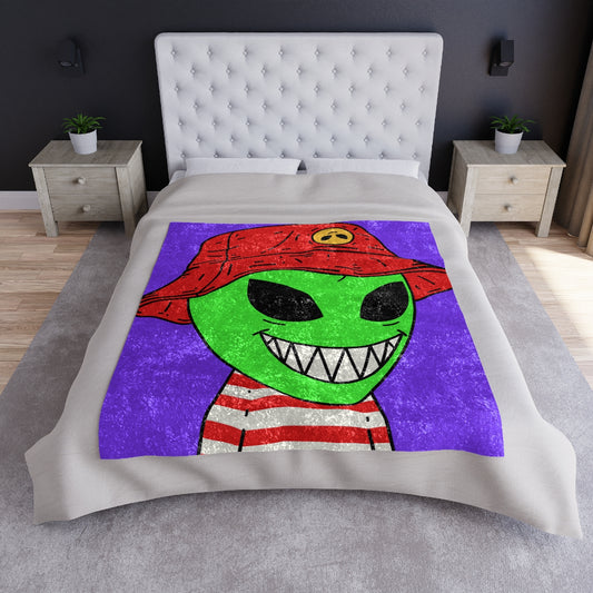 Alien Character Cartoon Red Hat Striped Shirt Big Smile Crushed Velvet Blanket