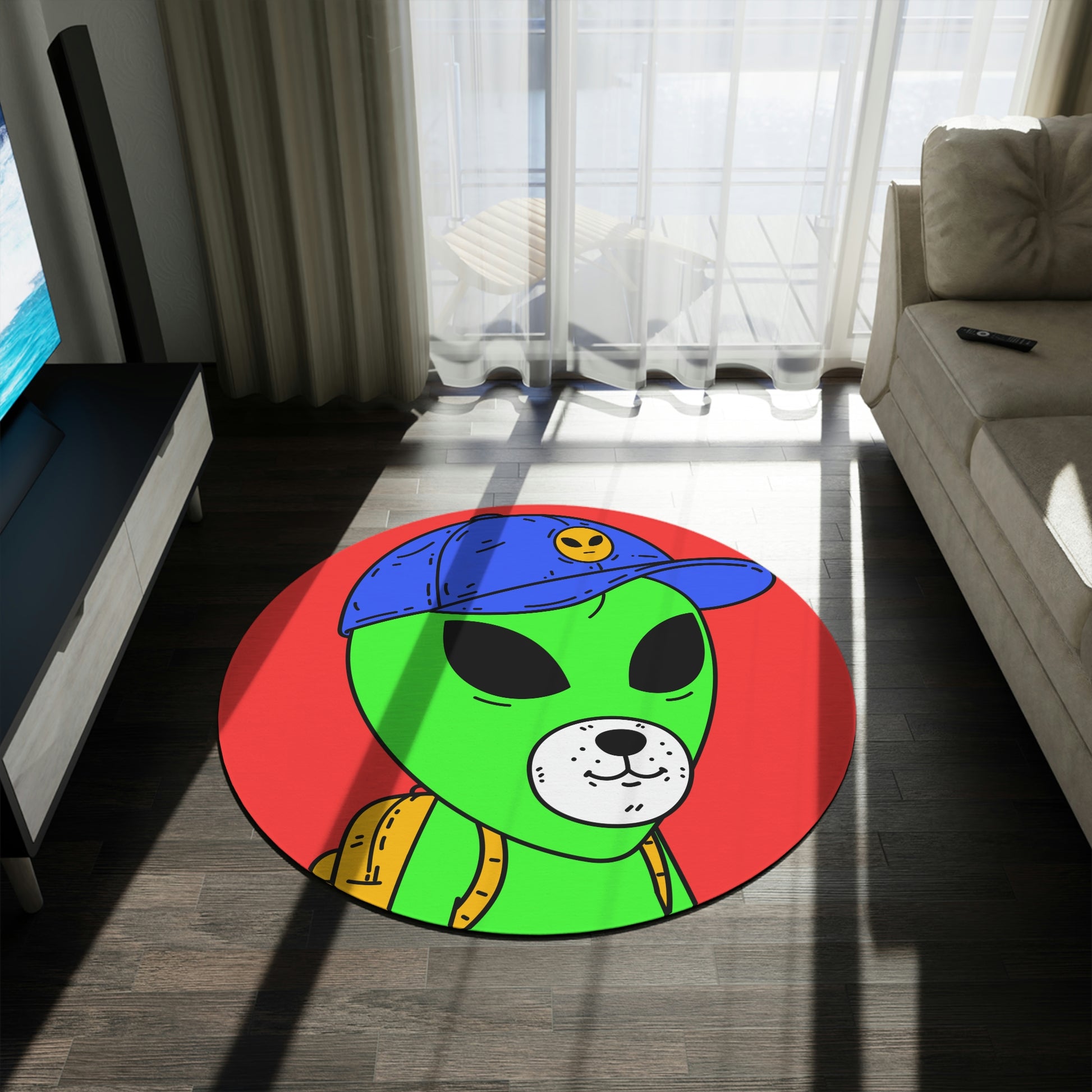 White Dog Bear Mouth Alien Green Visitor Yellow Backpack Blue Visi Hat Round Rug - Visitor751