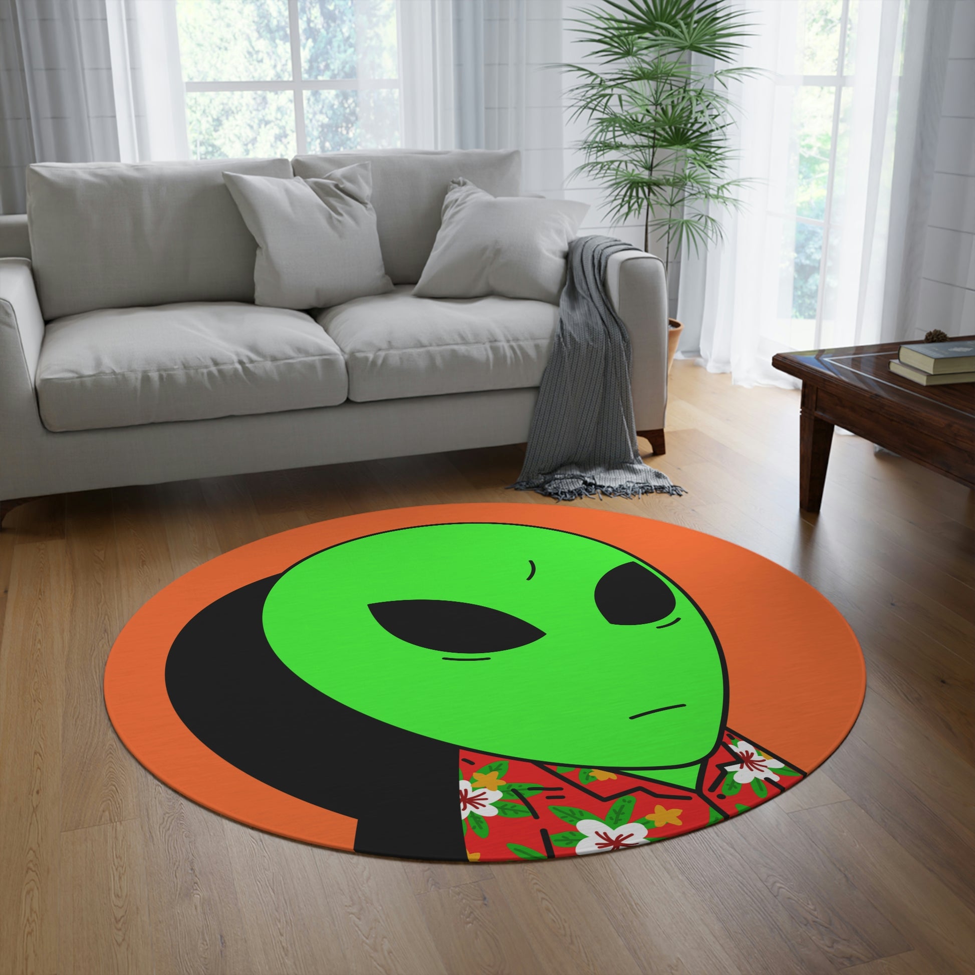 Hawaiian Shirt Green Alien Visitor Shadow Round Rug - Visitor751