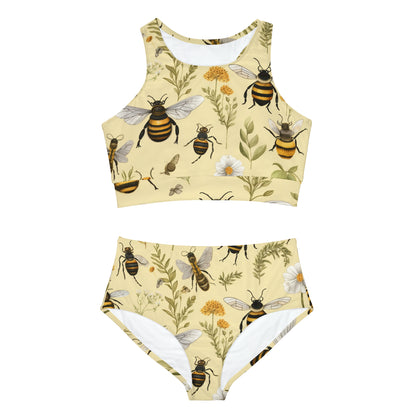 Whimsical Bees & Honeycombs Nature-Friendly Pattern Design Sporty Bikini Set (AOP)