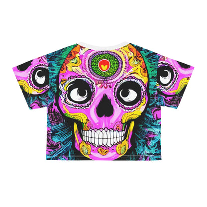 Trippy psychedelic Skull Skeleton Head Face AOP Crop Tee