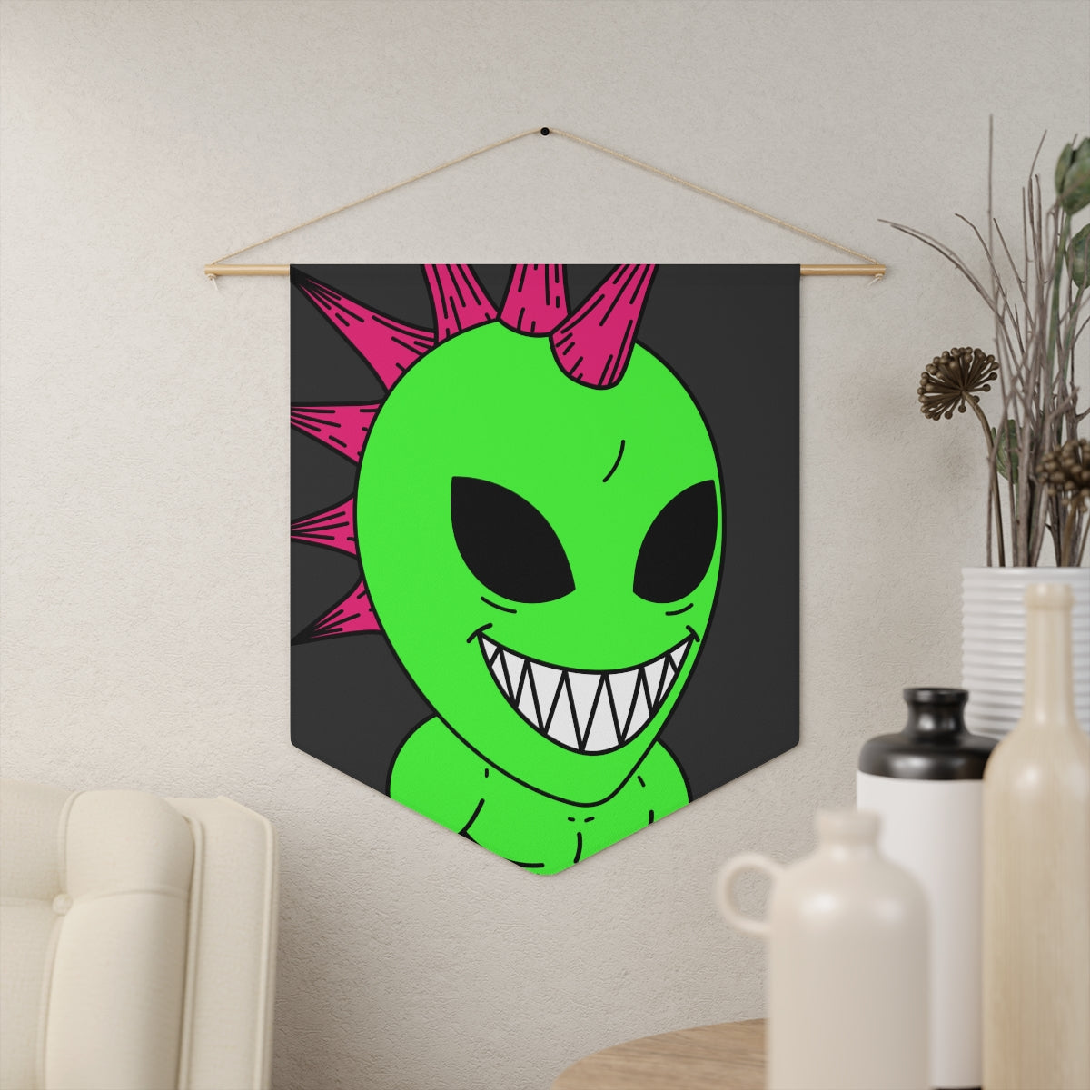 Spiked Pink Hair Muscle Big Smile Green Alien Visitor Pennant