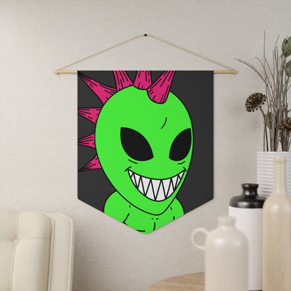 Spiked Pink Hair Muscle Big Smile Green Alien Visitor Pennant