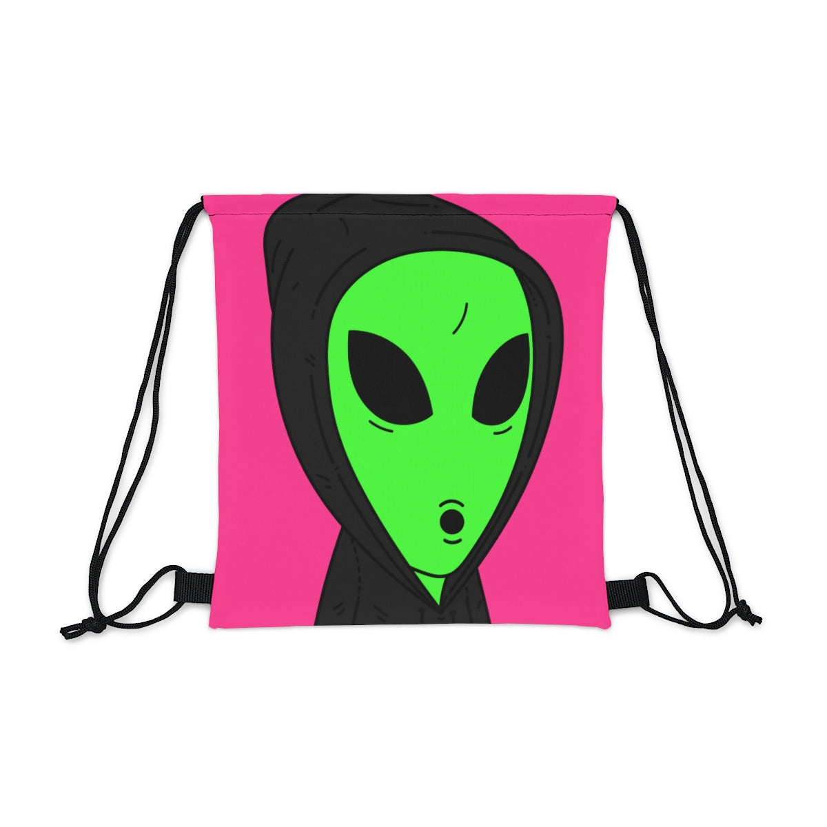 The Visitor Green Alien Sudadera con capucha negra Fondo rosa al aire libre Mochila saco