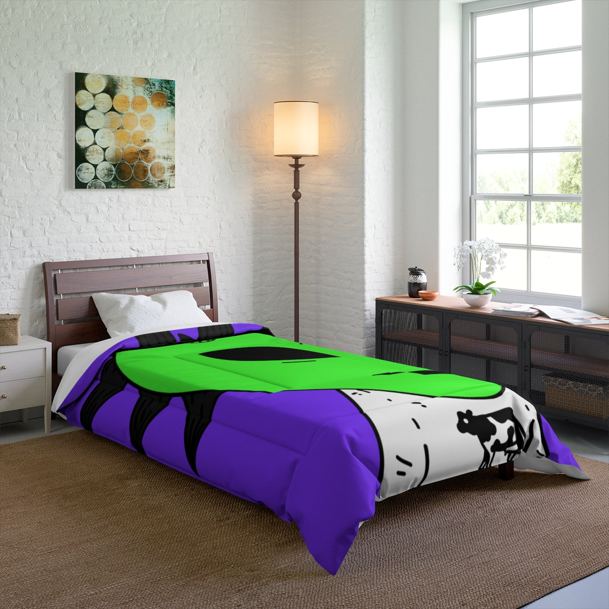 Cow Green Alien Spike Black Hair Digital Smile Visitor Bed Comforter