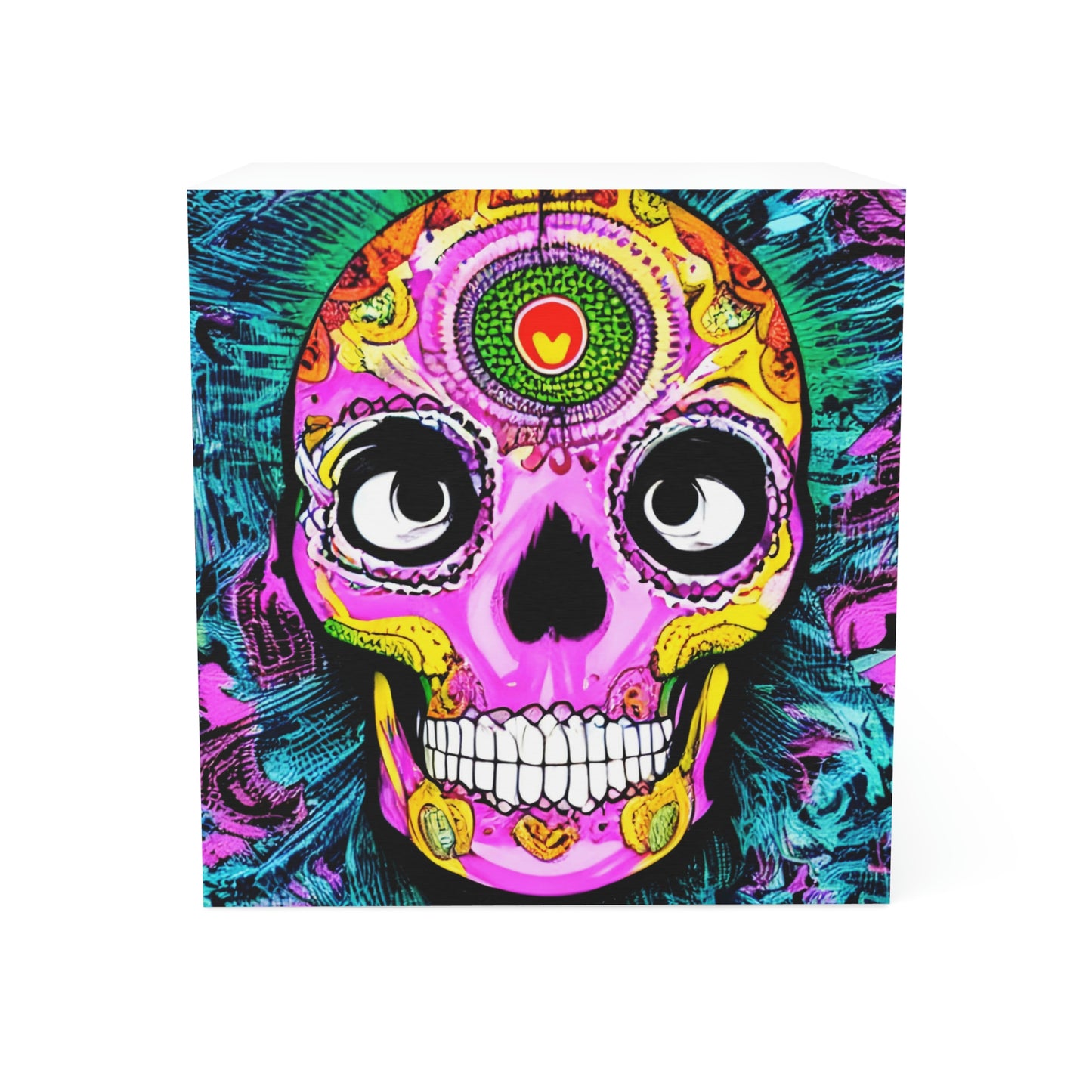 Cubo de notas con cara de cabeza de esqueleto de calavera psicodélica trippy 