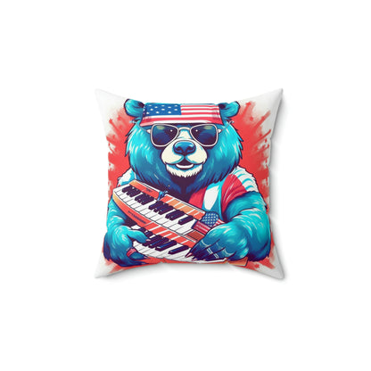 Keys of Patriotism: Piano Player Patriotic Bear's 4th of July Musical Celebration Spun Polyester Square Pillow