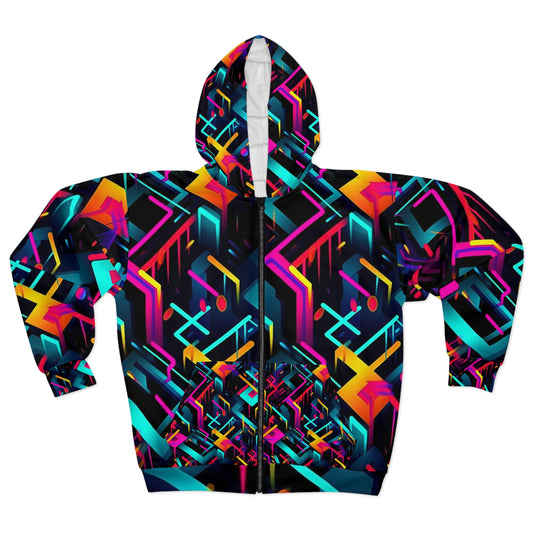 Sudadera con capucha unisex con diseño de patrón geométrico abstracto de neón de moda vibrante (AOP) 