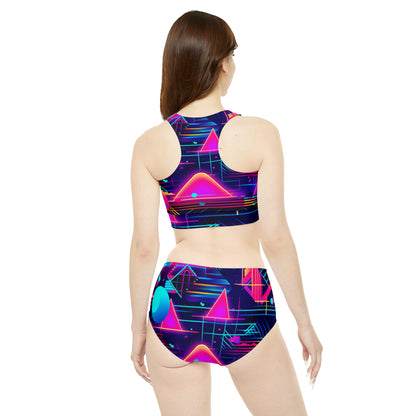 80s Synthwave Retro-Futuristic Inspired Pattern Design Sporty Bikini Set (AOP)