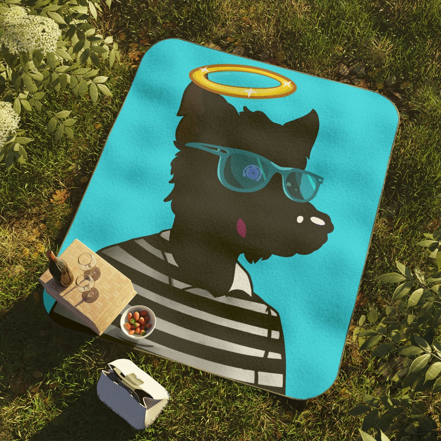 Cyborg Wolve Angel Halo Striped Shirt Glasses Wolf Picnic Blanket