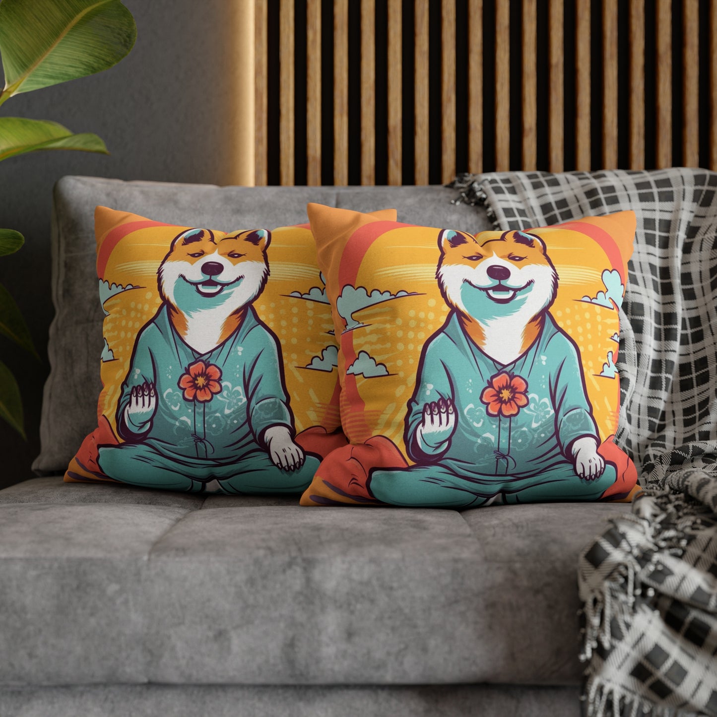 Shiba Inu Yoga Crypto Dog Namaste japonés: funda de almohada cuadrada de poliéster hilado 