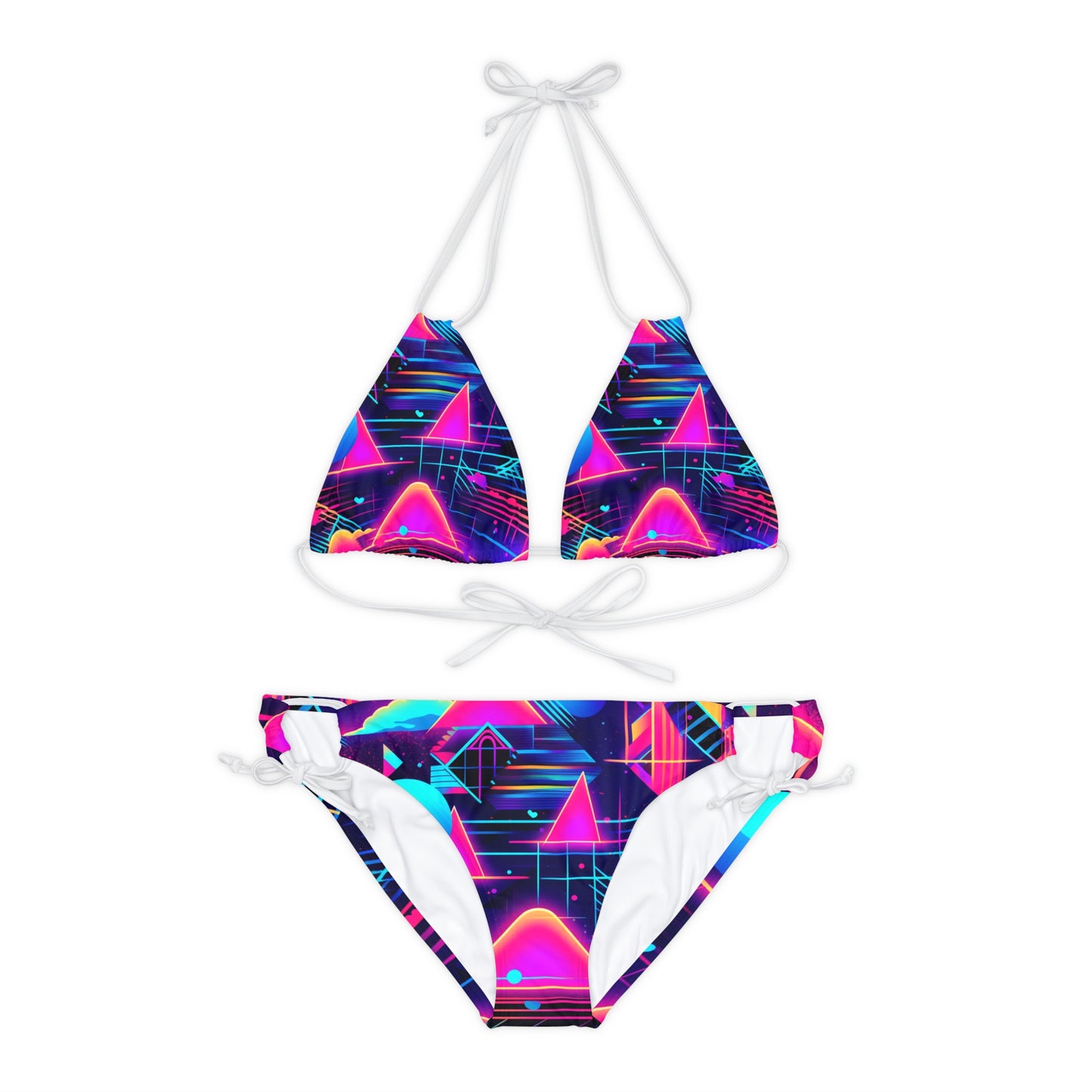 80s Synthwave Retro-Futuristic Inspired Pattern Design Strappy Bikini Set (AOP)