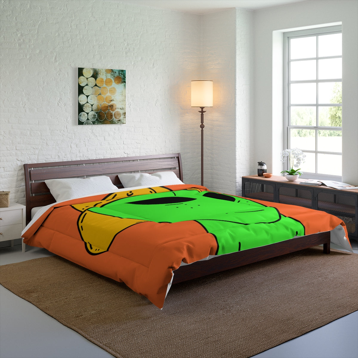 Green Alien Yellow Hat Visitor Bed Comforter