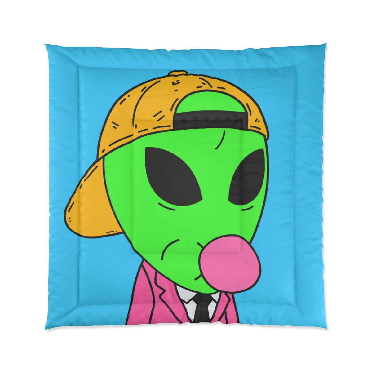 Traje rosa Chicle visitante Extraterrestre verde con gorra amarilla Cama Colcha