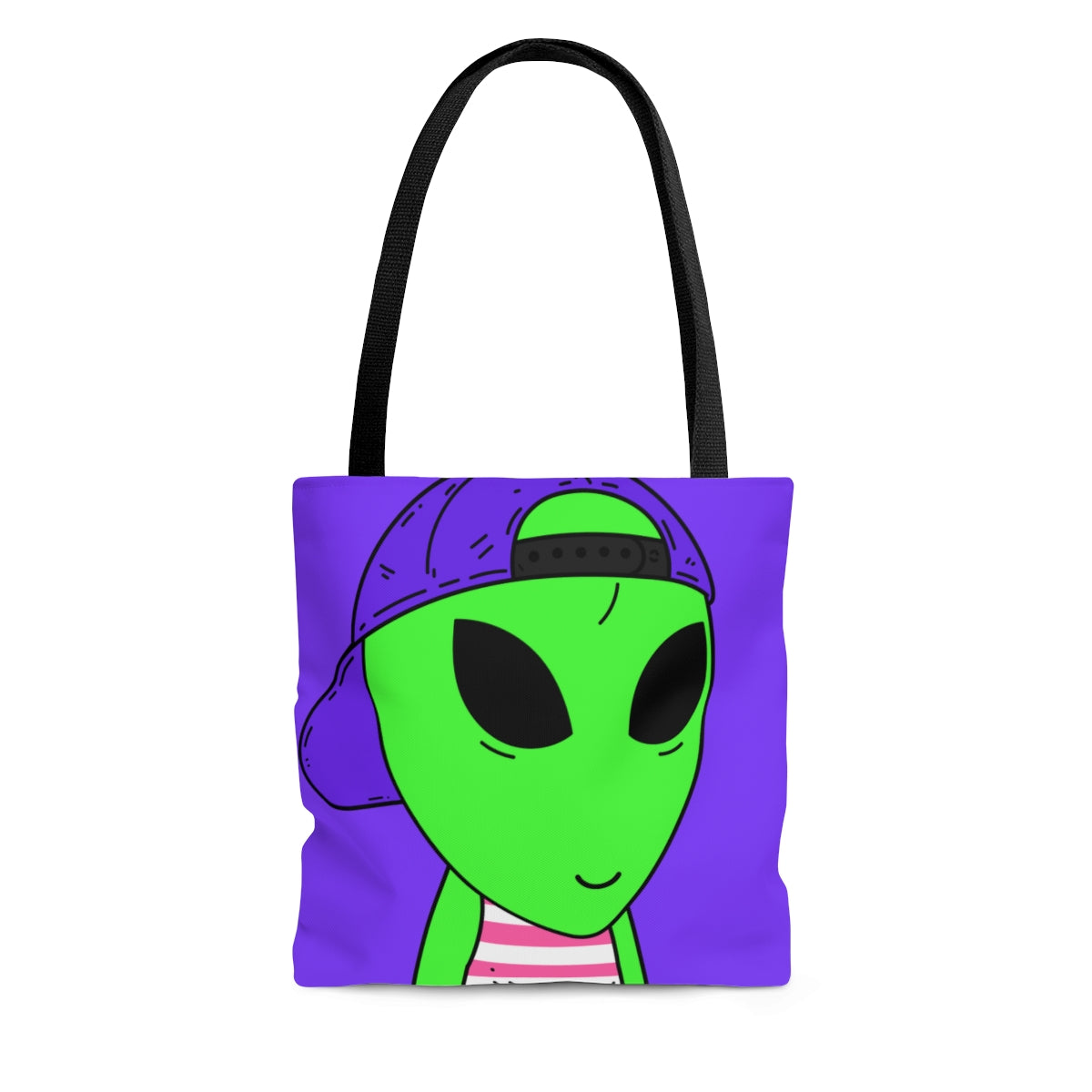 Purple Hat Green Alien Smile Visitor Red White Striped Tank Top AOP Tote Bag