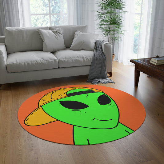 Green Alien Smirk Visitor Yellow Cap Hat Round Rug - Visitor751