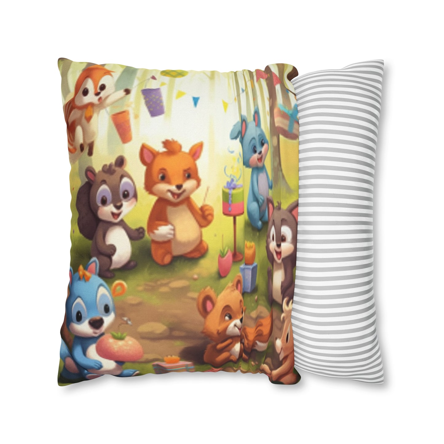 Nursery Art - Cartoon Forest Animals Party Design Spun Polyester Square Pillow Case