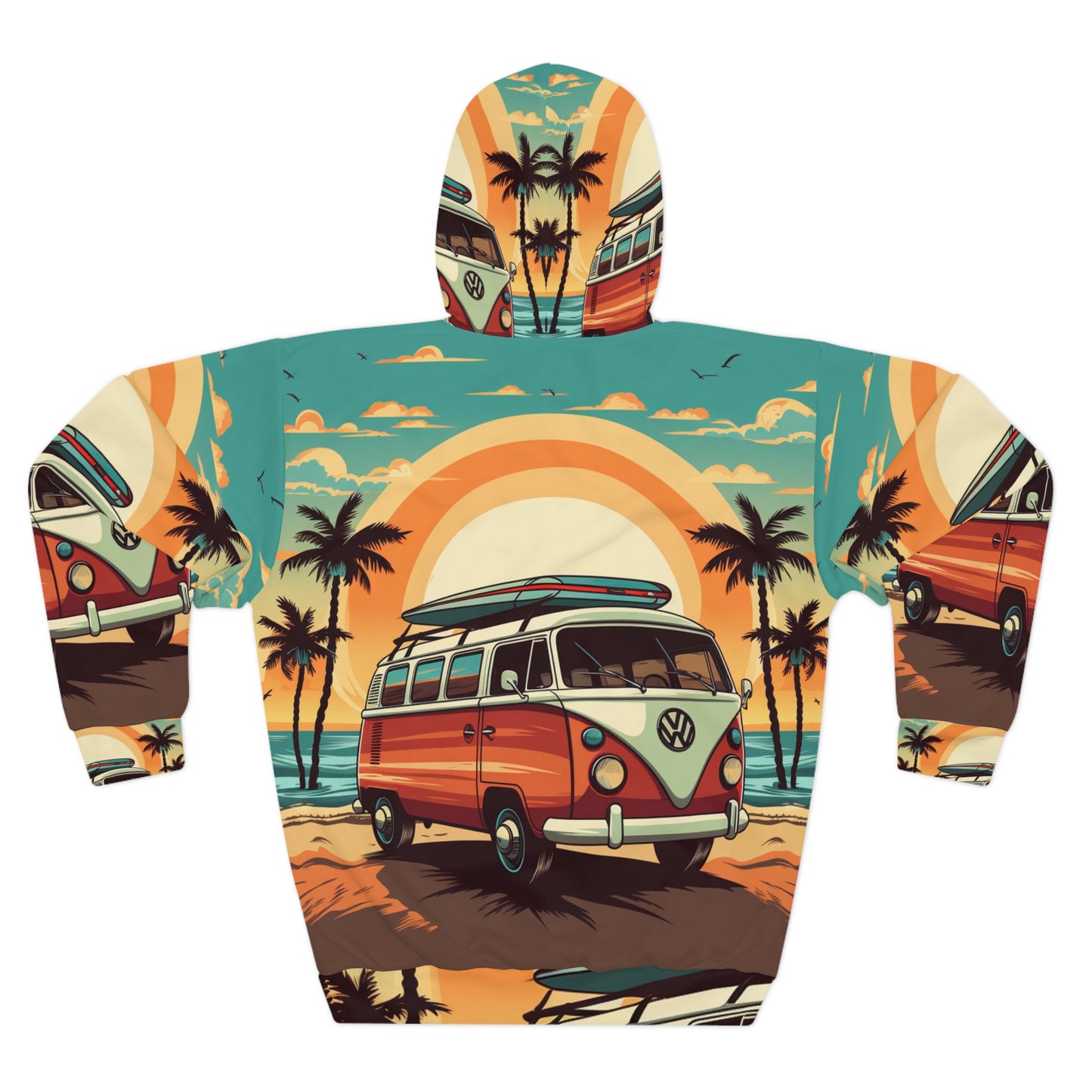 Retro Beach Camper Van - Sunset Surfboard Scene Sudadera con capucha unisex (AOP) 