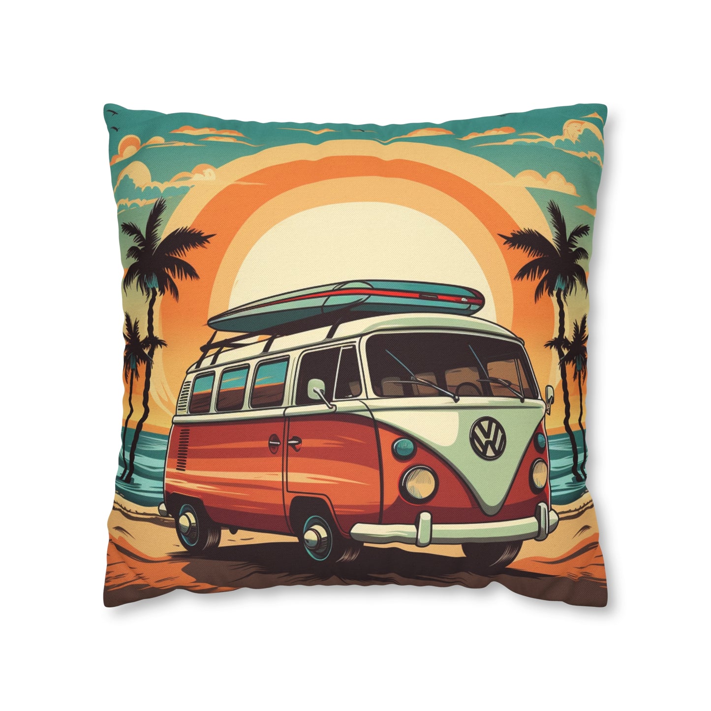 Retro Beach Camper Van - Sunset Surfboard Scene Spun Polyester Square Pillow Case