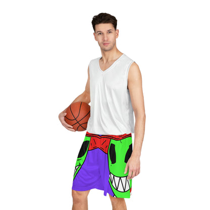 Personaje Alien Dibujos Animados Sombrero Rojo Camisa Rayas Gran Sonrisa Pantalones Cortos Baloncesto 