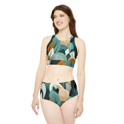 Sustainable Earth Tones Leaves Natural Shapes Pattern Sporty Bikini Set (AOP)