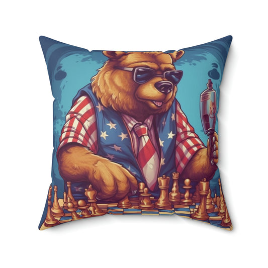Checkmate Patriotism: Patriotic Bear's Chess Game 4th of July Style Spun Polyester Square Pillow