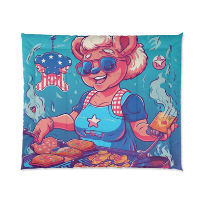 Patriotic Bear Chef: Female Cook Woman Bringing Flavor and American Pride Comforter