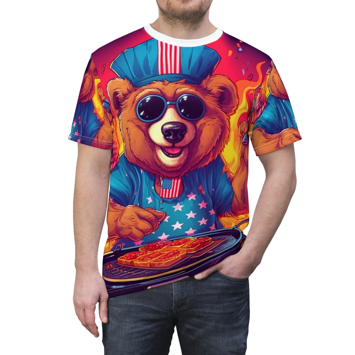 Patriotic Bear's BBQ Bash: Grill and Chill this of July 4 USA ユニセックス カットソー Tシャツ (AOP) 