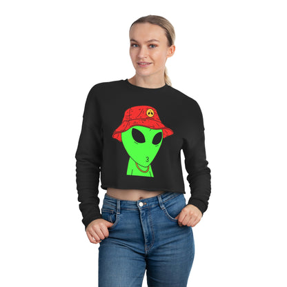 Visitor Green Alien Kiss Face Gold Chain Red Hat Women's Cropped Sweatshirt