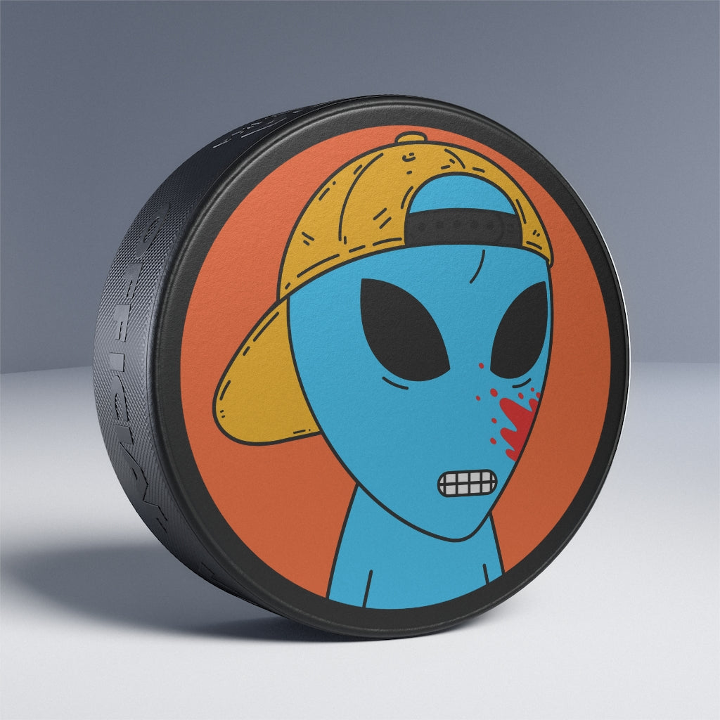 Blue Blood Visitor Alien Cartoon Hockey Puck