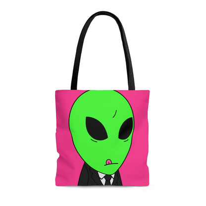 Green Apple Head Tongue Out Black Business Suit Visitor AOP Tote Bag