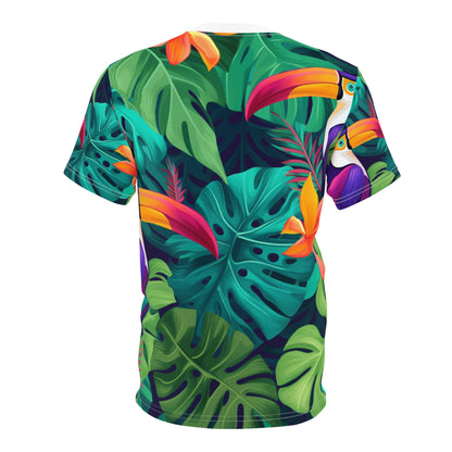 Vivid Tropical Birds & Leaves - Seamless Pattern Unisex Cut & Sew Tee (AOP)