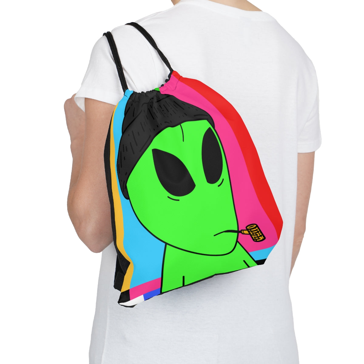 Pipe Smoking Green Visitor Black Hat Alien Outdoor Drawstring Bag