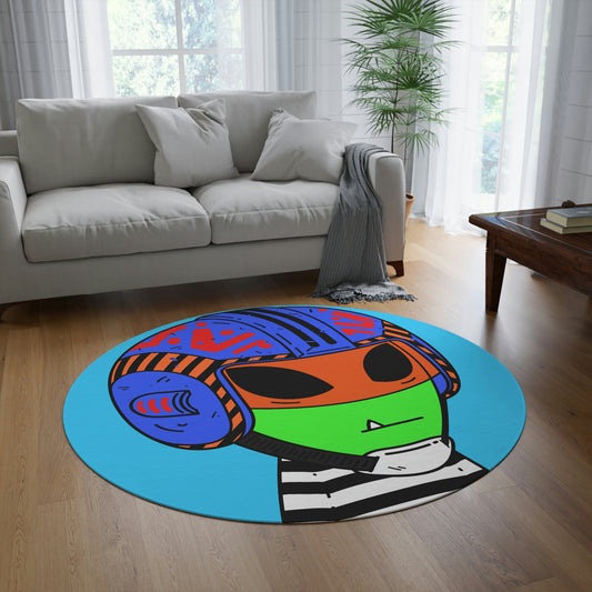 Space Helmet Green Alien Visitor Striped Shirt Round Rug - Visitor751